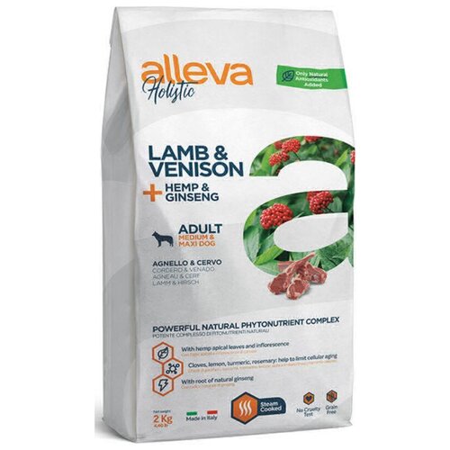 ALLEVA HOLISTIC DOG длЯ собак Adult Lamb Venison Medium/Maxi / взрослых с ягненком и олениной, коноплей и женьшенем 2кг 2356 сухой корм для собак средних и крупных пород alleva holistic беззерновой океаническая рыба с коноплей и алоэ вера 2 кг