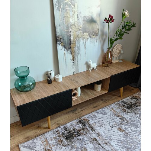 Тумба под ТВ Канзас дуб- черный ромбик 150*36.6*47