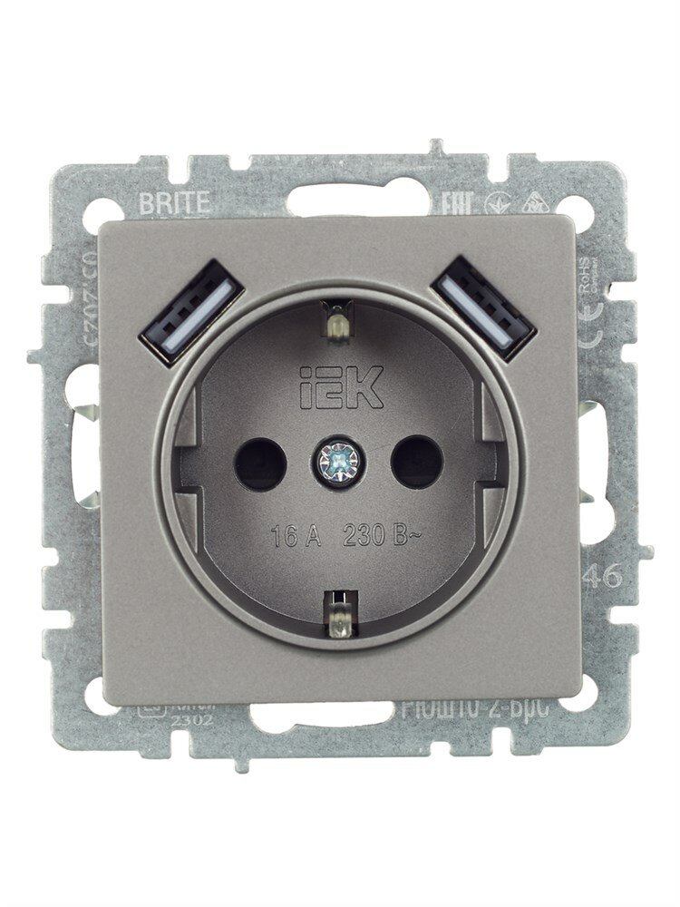 Розетка USB встраиваемая IEK Brite РЮш10-2-БрС с заземлением цвет сталь - фото №3