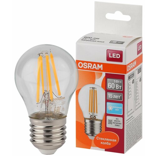 Лампочка светодиодная филаментная OSRAM LED Star, 600лм, 5Вт, 4000К нейтральный свет. Цоколь E27, колба P