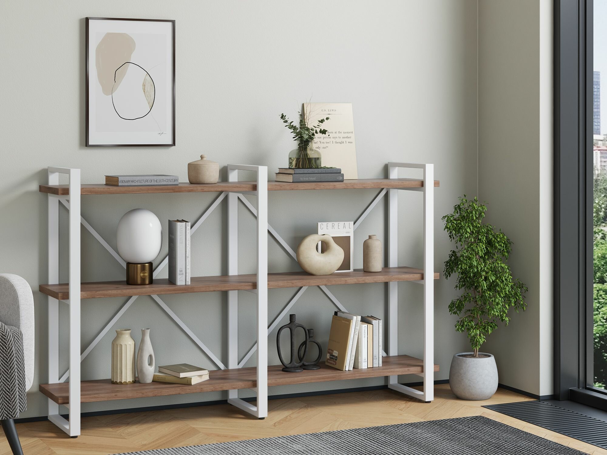 фото Стеллаж Айсберг Лофт 160х102-3 белый/дуб крафт табак