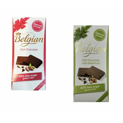Набор шоколада Belgian горький без сахара 100гр, молочный без сахара с орехами 100гр