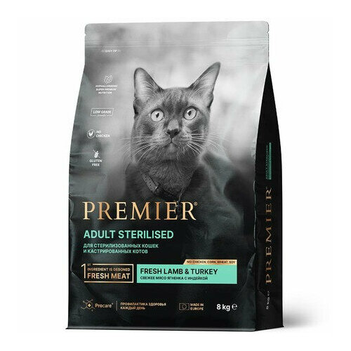 Premier Cat Lamb & Turkey Sterilised сухой корм для взрослых стерилизованных кошек, свежее мясо ягненка с индейкой - 8 кг