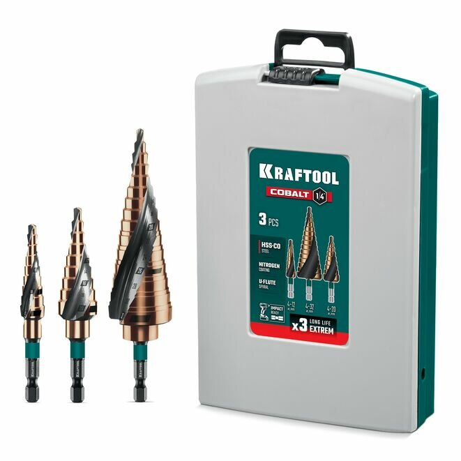 KRAFTOOL COBALT 3 шт, 4-32мм, азотирование, винтовая спираль, набор сверл ступенчатых(29691-4-32-H3)