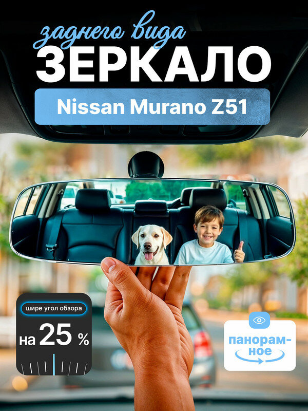 Зеркало заднего вида для Nissan Murano Z51 (Ниссан Мурано Z51) /панорамное, с крпелением на штатное зеркало,30см, без окантовки, с антибликовым покрытием