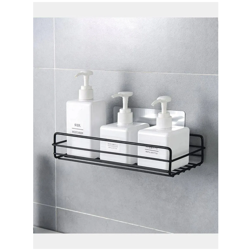 Полка настенная металлическая черная матовая в ванную, органайзер, для хранения вещей самоклеющаяся липучка 1 шт.