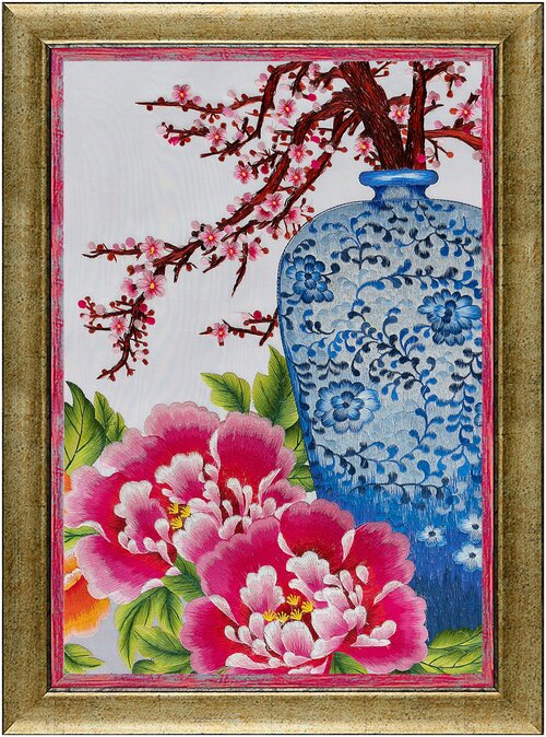 Картина вышитая шелком Весенний натюрморт ручной работы/см 59х59х3/в багете