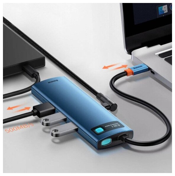 USB-C хаб Baseus Metal Gleam Series 8-in-1 Multifunctional HUB PD 100W SDMicro SD 3USB1USB-C1HDMI 4K 30Hz1Ethernet Cеро-синий WKWG000103