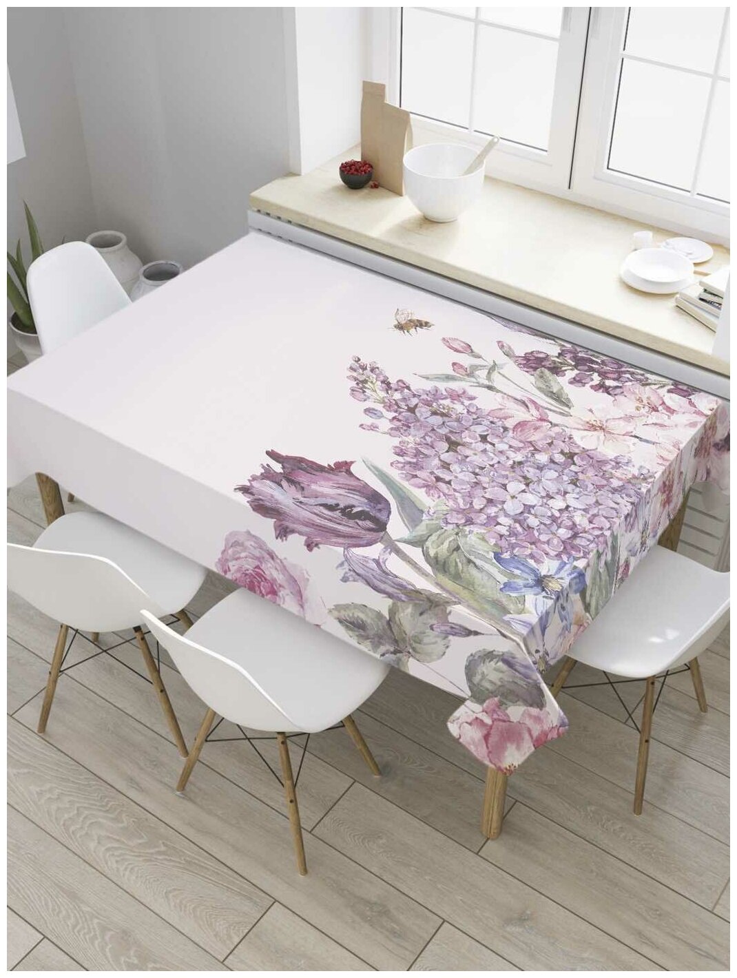 Скатерть прямоугольная JoyArty на кухонный стол "Цветы акварелью" из оксфорда, 120x145 см
