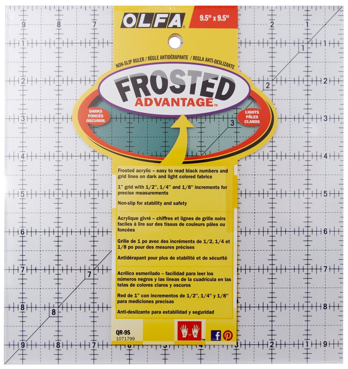 Линейка для пэчворка Frosted, градация в дюймах, квадрат 9 х 9 9" (22,86 х 22,86 см) прозрачно-матовый OLFA QR-9S