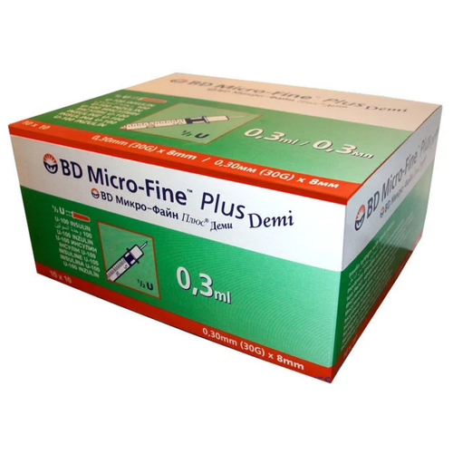 Шприц инсулиновый BD Micro-Fine Plus Demi U-100 трехкомпонентный, 8 мм x 0.3 мм, размер: 30G, 0.3 мл, 100 шт.