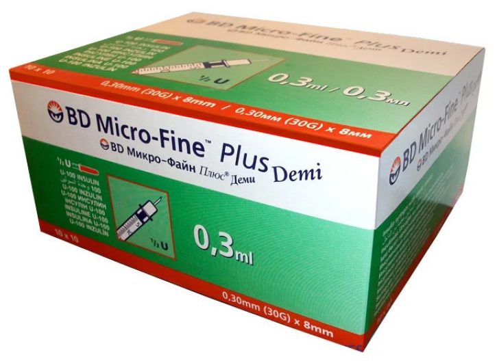 Шприц BD Micro-Fine Plus (3-комп.) 0,3 мл U100 интегрированная игла 30G (0,30X8,0) DEMI - 100шт/уп