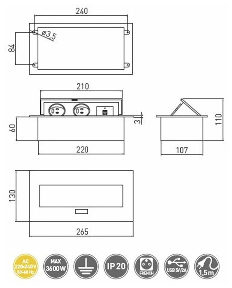 Удлинитель прямоугольный врезной 2 розетки AE-PBU2GU-20 (French) 2xUSB, черный, с проводом 1,5 метра GTV - фото №2