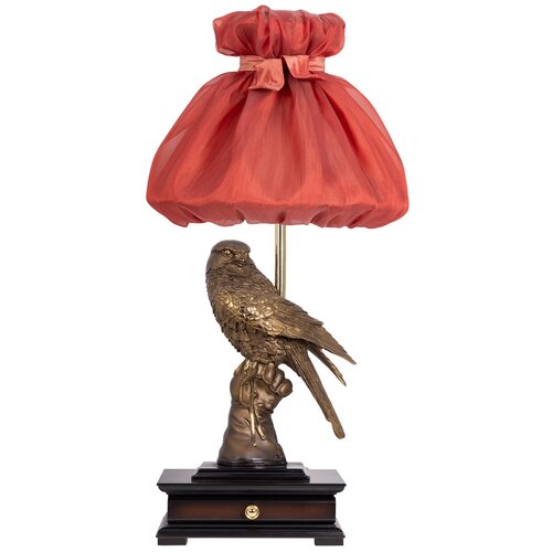 Настольная лампа BOGACHO Соколиная охота бронзовая с красным абажуром Мадлен