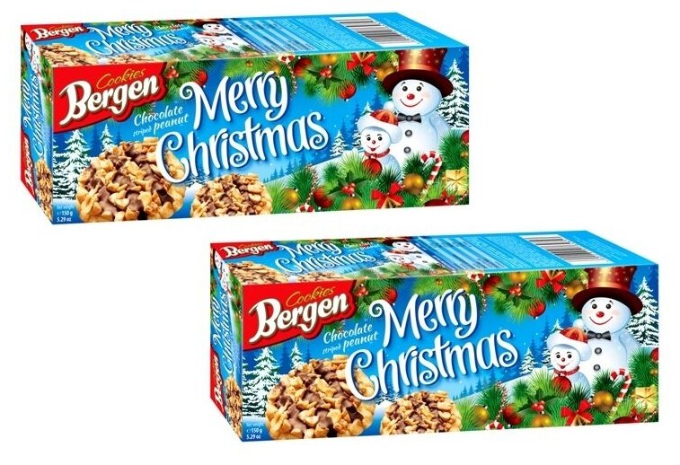 Печенье Bergen MERRY CHRISTMAS "ORIGINAL COOKIES" с арахисом, декорированное темным шоколадом 150г, 2шт
