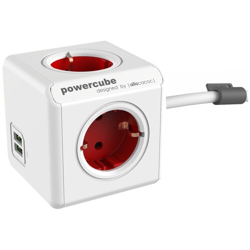 Удлинитель Allocacoc PowerCube Extended USB 1402, 4 розетки, с/з, 16А / 3680 Вт 4 1.5 м 3 м² 74 мм 74 мм белый/красный