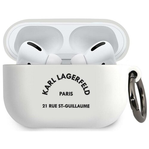 Чехол с карабином Karl Lagerfeld Silicone RSG logo with ring для AirPods Pro, цвет Белый/Черный (KLACAPSILRSGWH)