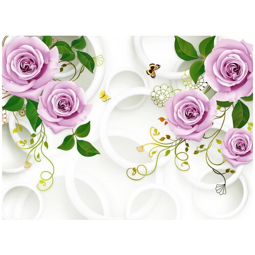 Фотообои Уютная стена 3D сиреневые розы и круги 370х270 см Виниловые Бесшовные (единым полотном)
