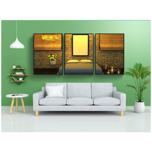 фото Набор модулных постеров для интерьера "интерьер, спальная комната, кровать" 60x90 см. в тубусе, без рамки lotsprints