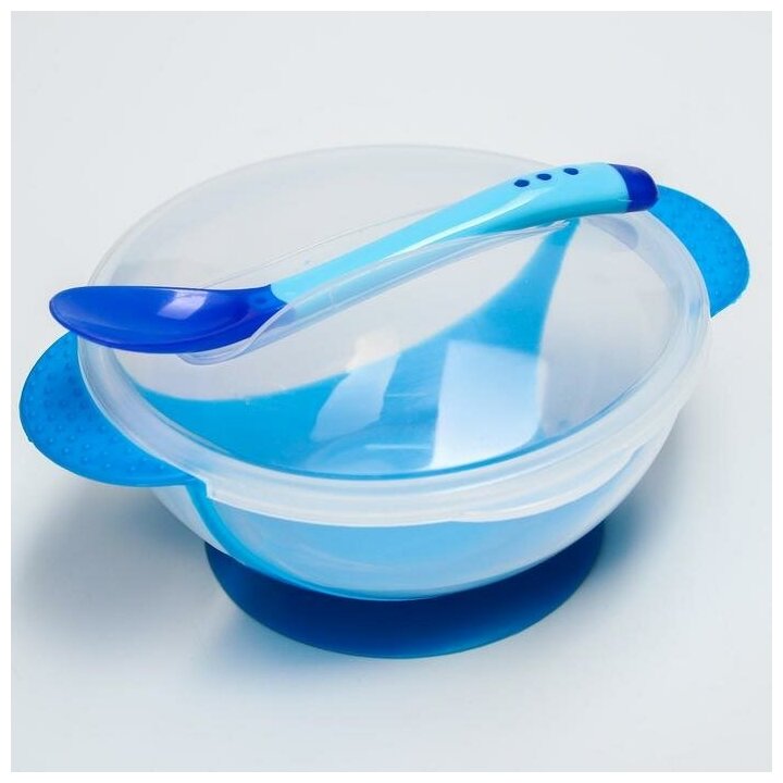 Набор детской посуды: миска на присоске 340мл, с крышкой, ложка, цвет синий
