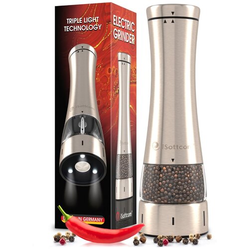 Мельница для специй электрическая / мельница для перца, соли и других приправ / электромельница iSottcom с регулировкой помола и подсветкой
