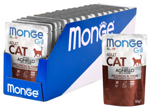 Влажный корм для взрослых кошек Монж Новозеландский Ягненок Monge Agnello пауч 28 шт х 85 г - фотография № 1