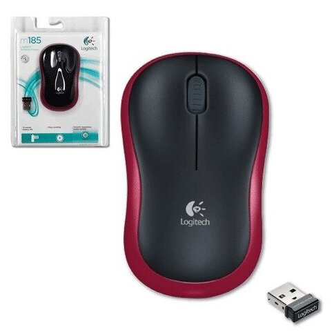 Мышь беспроводная LOGITECH M185 2 кнопки + 1 колесо-кнопка оптическая черно-красная 910-002240