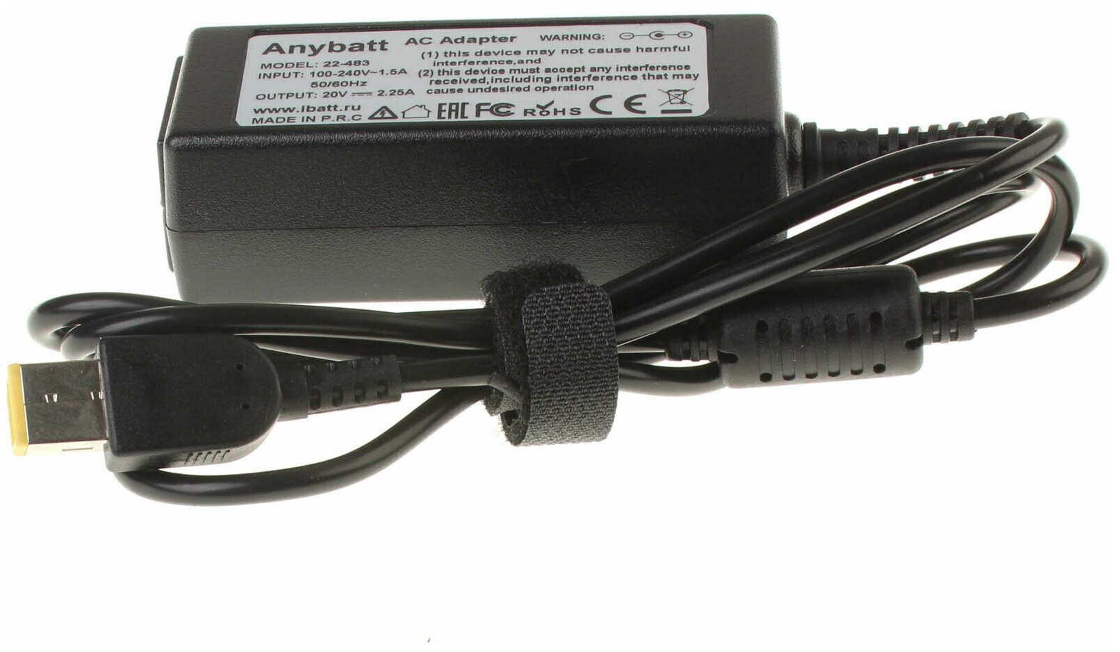 Блок питания Anybatt 22-U1-483 20V 2,25A, 45W, прямоугольный, pin для IBM-Lenovo G50-30, G50-45, Z50-70, ThinkPad X240, Z50-75, IdeaPad Yoga 11, ThinkPad X250, ThinkPad Helix, IdeaPad U330p, IdeaPad Flex 15, IdeaPad Flex 14, G40-30,