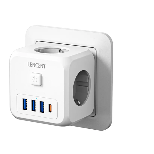 Тройник для сетевой розетки, 3 розетки с 3 USB и 1 Type-C. LENCENT.