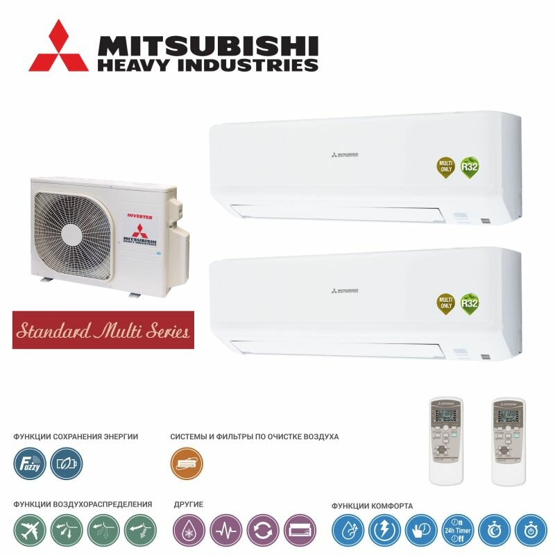 Мульти сплит-система на 2 комнаты Mitsubishi Heavy SCM40ZS-W + SKM20ZSP-W*2 шт. на 40м2 инвертор
