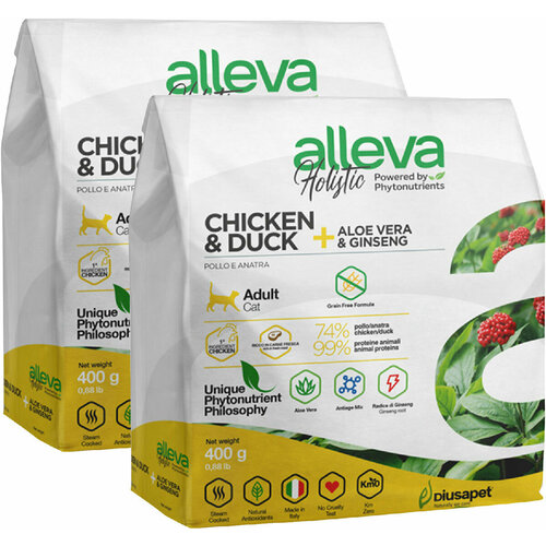 ALLEVA HOLISTIC ADULT CAT CHICKEN & DUCK беззерновой для взрослых кошек с курицей, уткой, алоэ вера и женьшенем (0,4 + 0,4 кг) alleva holistic cat hairball сухой корм для взрослых кошек с курицей и уткой волокнами сахарного тростника и алое вера