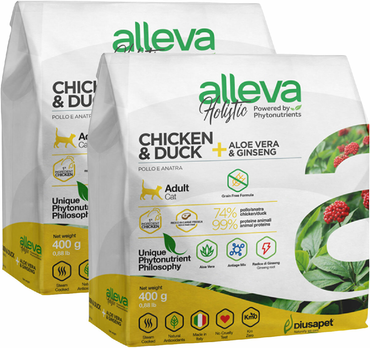 ALLEVA HOLISTIC ADULT CAT CHICKEN & DUCK беззерновой для взрослых кошек с курицей, уткой, алоэ вера и женьшенем (0,4 + 0,4 кг)