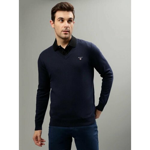 Джемпер GANT COTTON V-NECK, размер 2XL, синий