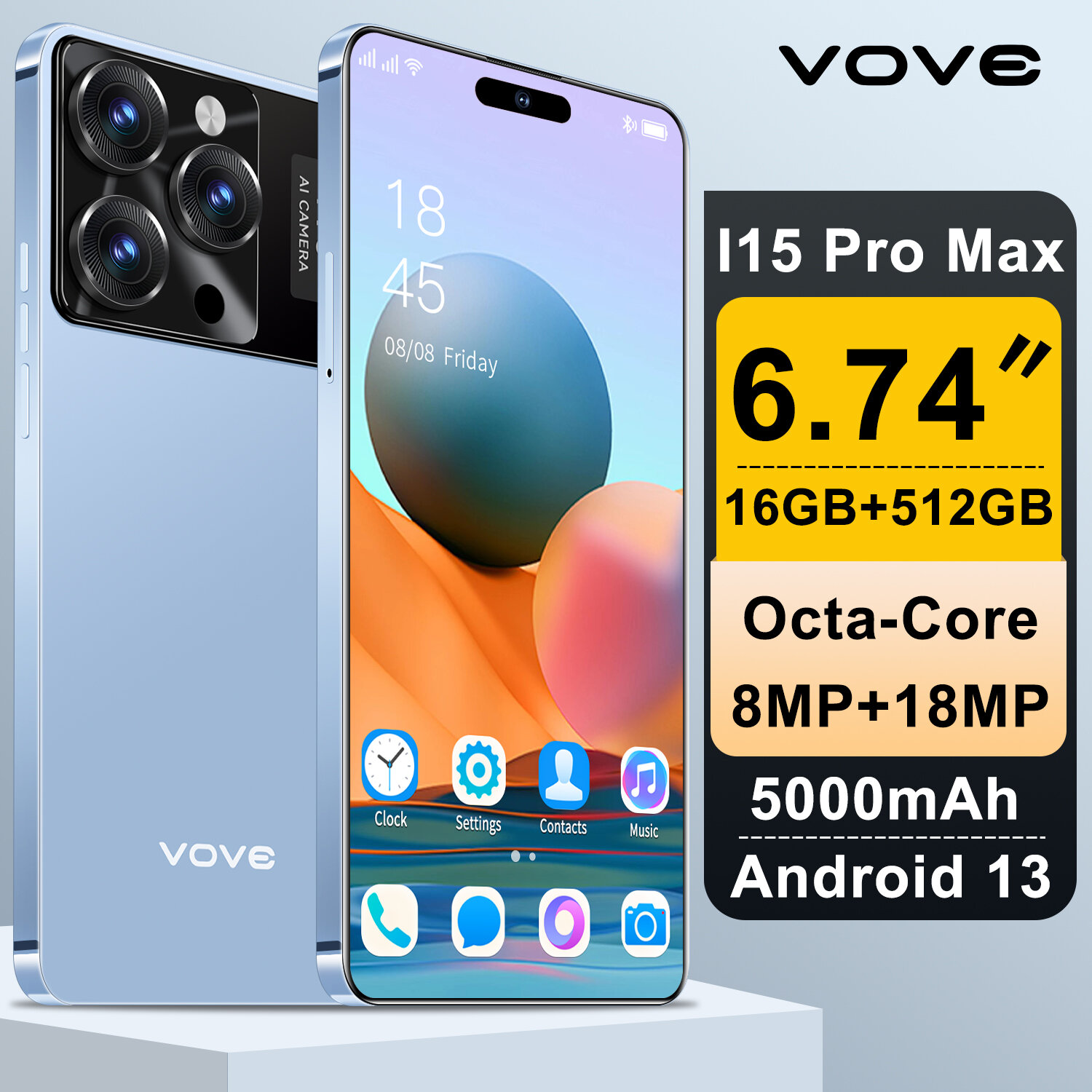 Смартфон vove i15 Pro Max 512 ГБ большой оперативной памяти, синий.