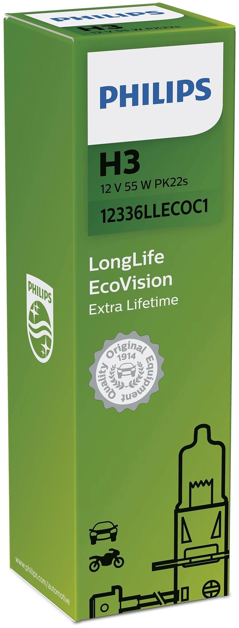 PHILIPS Лампа галогенная Philips Longlife Ecovision, H3 3100K, 55W, коробка, 1 шт 12336LLECOC1