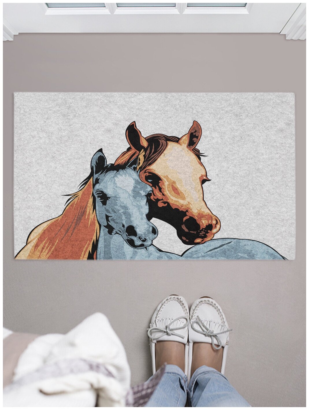 Придверный коврик в прихожую JoyArty "Две лошади" для обуви, на резиновой основе, 75x45 см