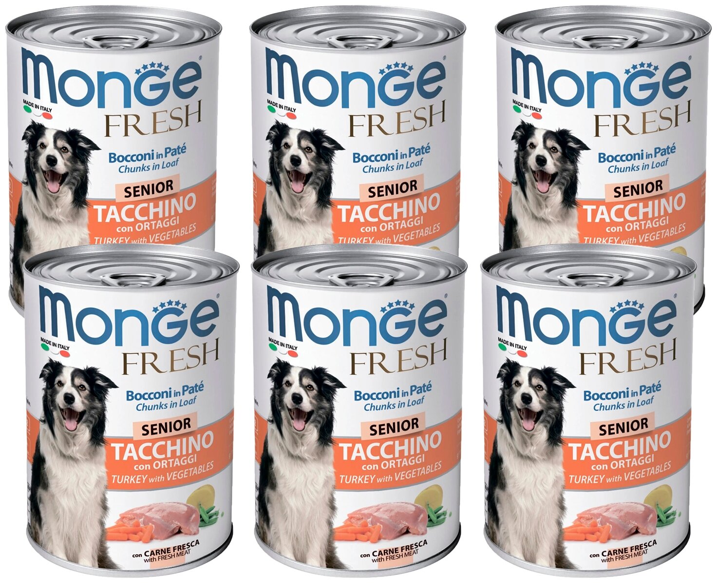 Влажный корм для пожилых собак Monge Dog Fresh Senior Chunks in Loaf TACCINO con ORTAGGI, индейка, с овощами, 6 шт. х 400 г