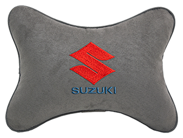 Автомобильная подушка на подголовник алькантара L.Grey с логотипом автомобиля Suzuki