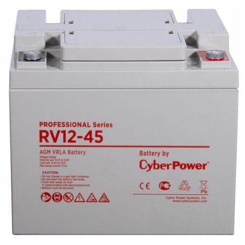 Батарея CyberPower Battery Professional series RV 12-45, voltage 12V, capacity (discharge 20 h) 47.2Ah, capacity (discharge 10 h) 45.5Ah, max. discharge current (5 sec) 500A, max. charge current 13.5A, lead-acid type AGM, terminals under bolt M6, LxWxH 19