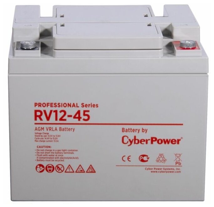 Батарея CyberPower Battery Professional series RV 12-45, voltage 12V, capacity (discharge 20 h) 47.2Ah, capacity (discharge 10 h) 45.5Ah, max. discharge current (5 sec) 500A, max. charge current 13.5A, lead-acid type AGM, terminals under bolt M6, LxWxH 197x165x170mm., full