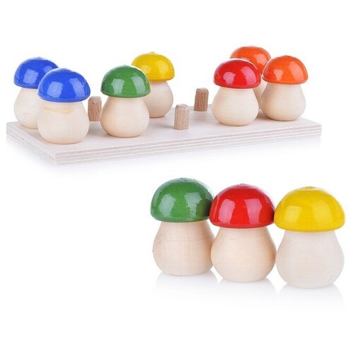 Деревянные Игрушки Счётный материал «Грибочки на полянке», 10 шт., подставка со столбиками