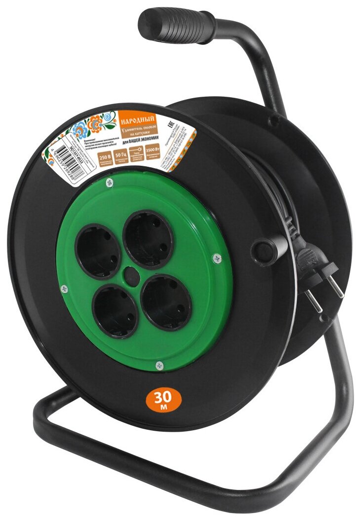 фото Удлинитель на катушке силовой народный 4 гнезда ПВС 3500 Вт с/з, 30м