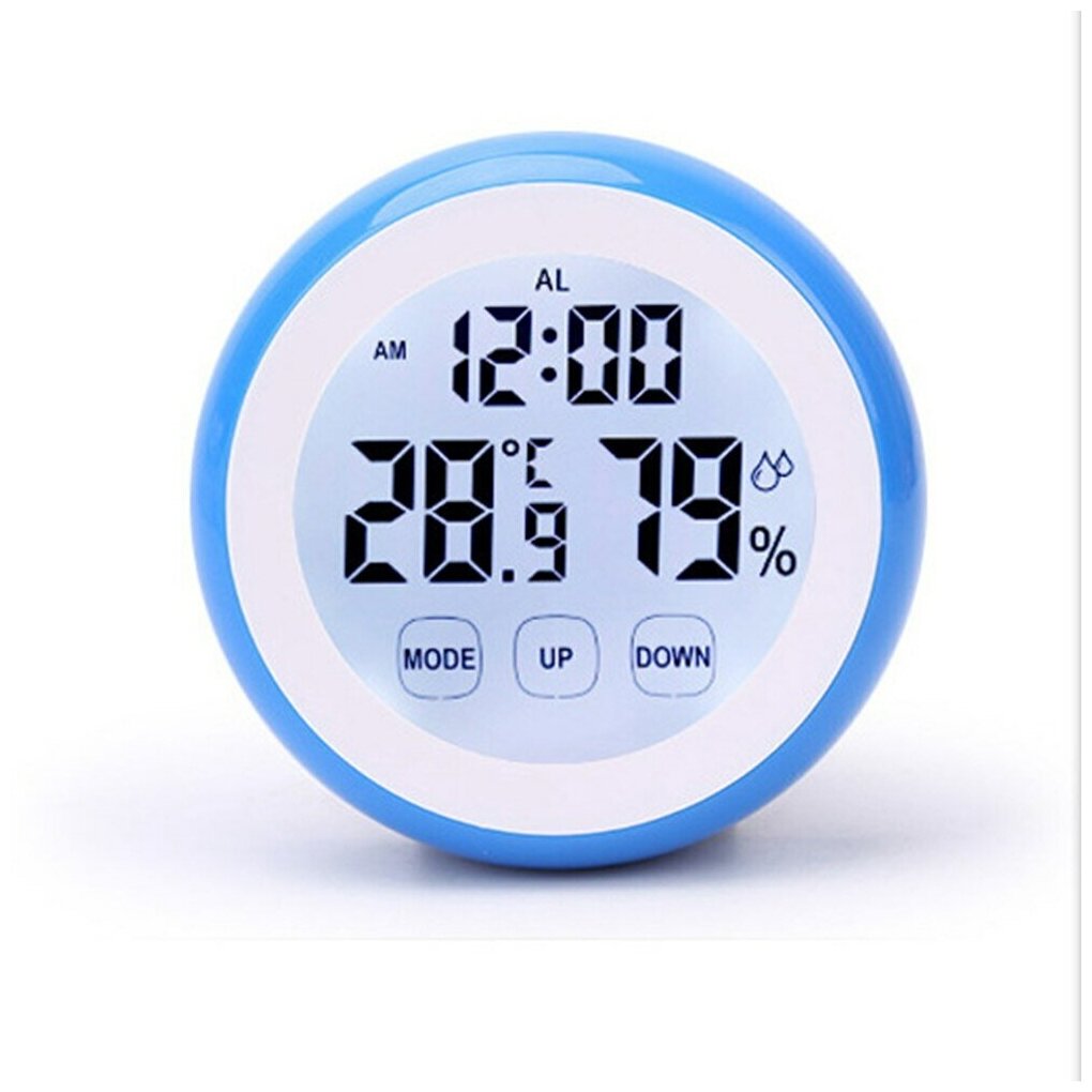 Термометр-гигрометр с часами и будильником, сенсорный, голубой - фотография № 2