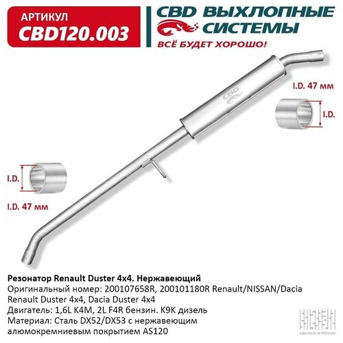 Резонатор Renault Duster 200107658R 4x4 Нерж сталь. CBD120.003