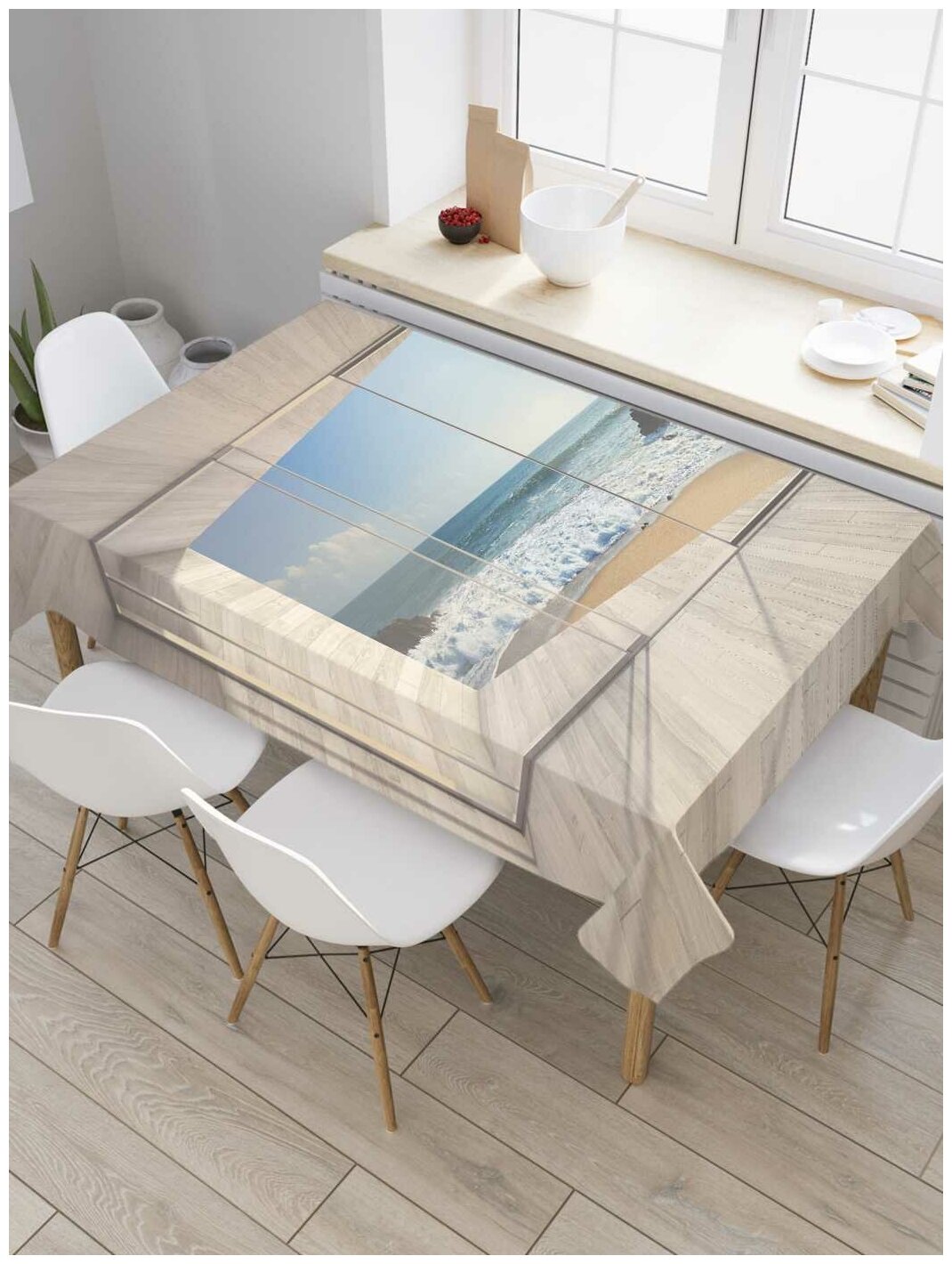 Скатерть прямоугольная JoyArty на кухонный стол "Море за стеклом" из оксфорда, 180x145 см