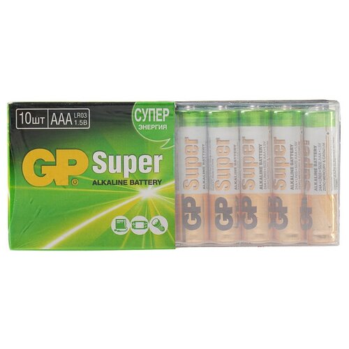 GP Батарейка алкалиновая GP Super, AAA, LR03-10S, 1.5В, набор 10 шт. gp батарейка алкалиновая gp super high tech aaa lr03 10bl 1 5в блистер 10 шт