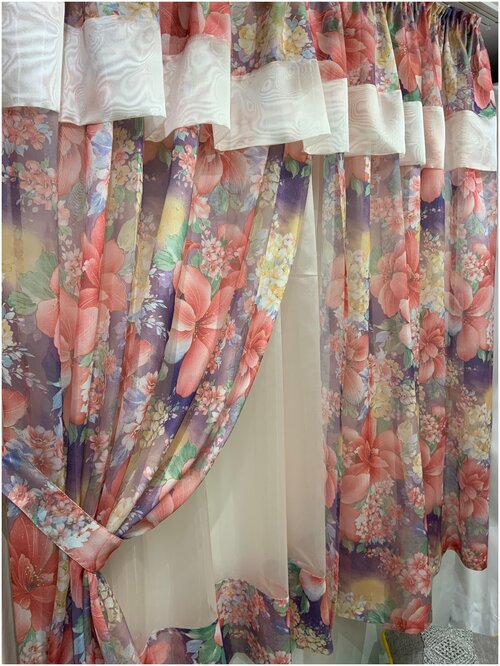 Комплект коротких штор «Полосатый цветы» Дизайн студия Марлен 2 шторы150см 1 тюля 300 см