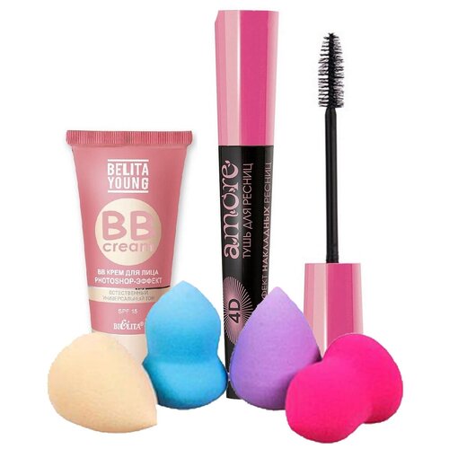 ВВ Крем для лица Belita Young и Тушь 4D мега эффект накладных ресниц Amore и спонж для макияжа Яйцо