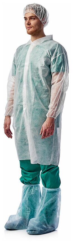 фото Халат процедурный Medicosm на липучке, рукава на резинках, белый, 110см, 25г/м2, 10 шт в упаковке (Медикосм)