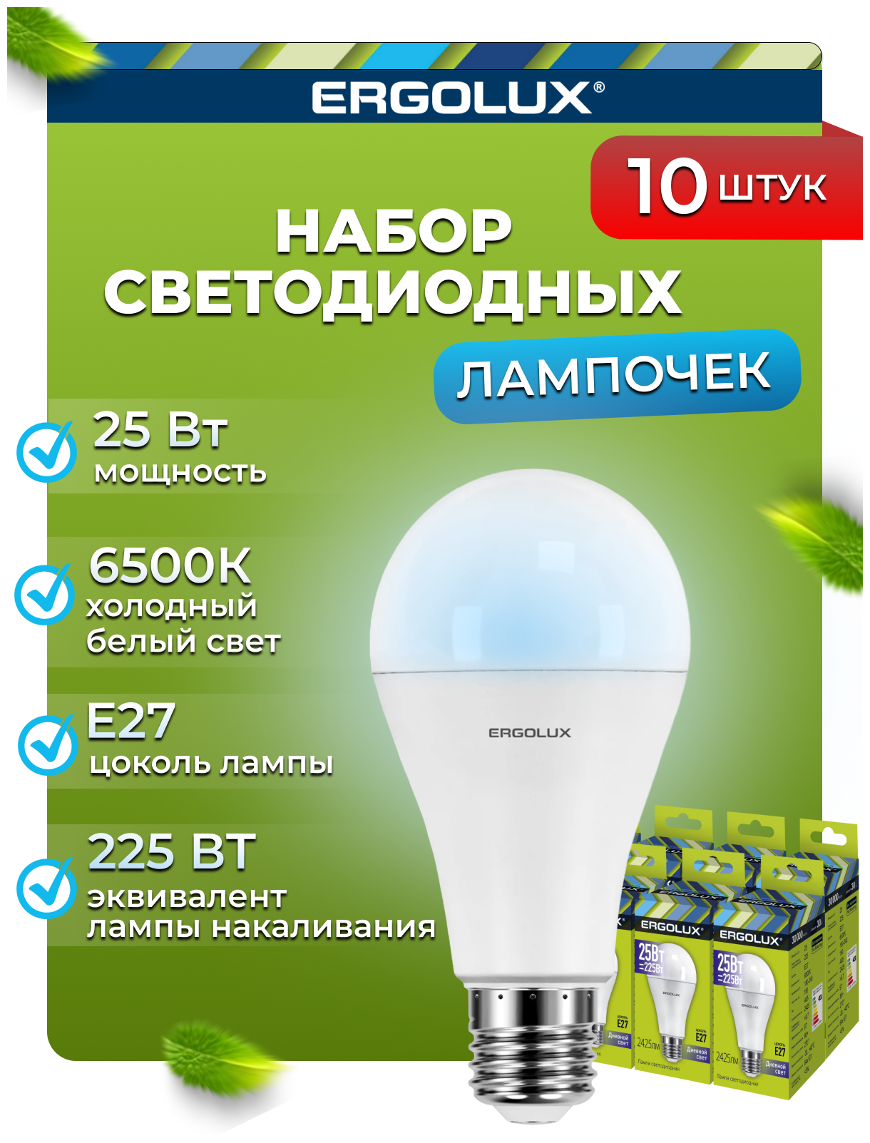 Набор из 10 светодиодных лампочек Ergolux LED-A65-25W-E27-6K